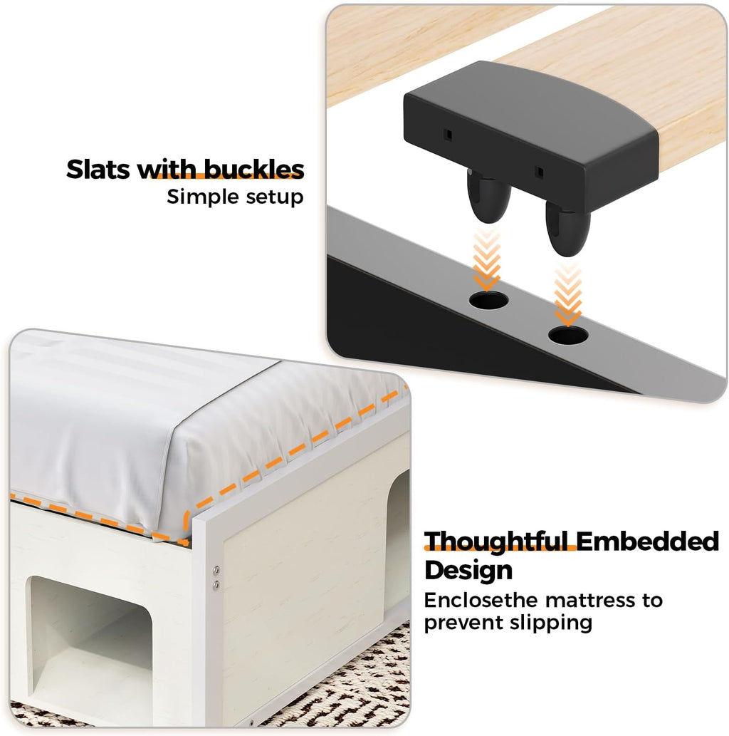 FUNKOCO Wood Full Bed Frame with Nightstand Set of 2，Farmhouse Bed Frame with Cat & Dog Bed, Storage Headboard and 2 Drawers, LED Lights & Charging Station, Noise Free, No Box Spring Needed