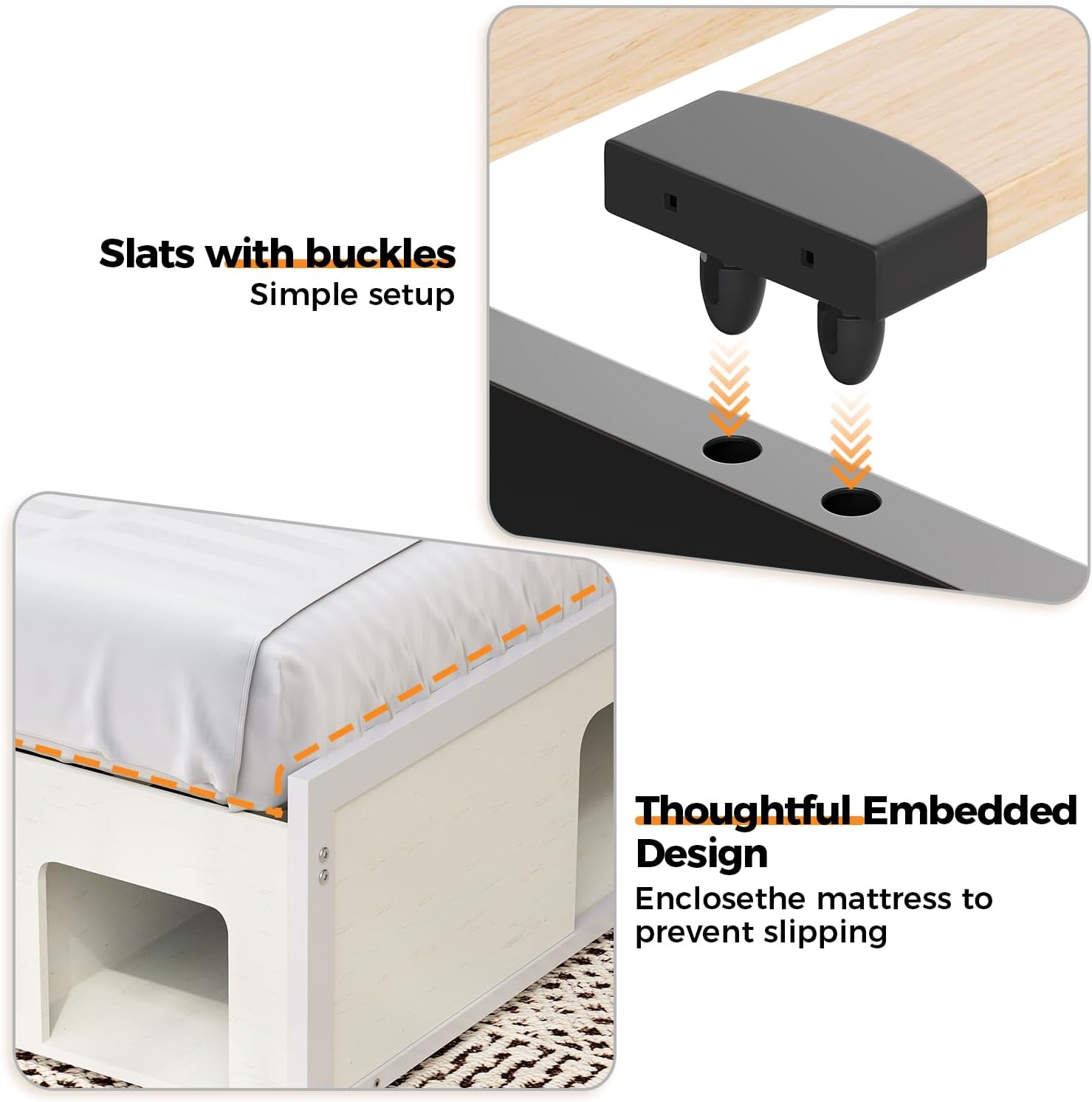 FUNKOCO Wood Queen Bed Frame with Nightstand Set of 2，Farmhouse Bed Frame with Cat & Dog Bed, Storage Headboard and 2 Drawers, LED Lights & Charging Station, Noise Free, No Box Spring Needed