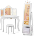 Costzon Kids Vanity & Jewelry Armoire Cabinet, Kids Vanity Table and Chair Set, 360° Swivel Standing Jewelry Organizer with Full-Length Mirror & Wheels, Kids Bedroom Furniture Set for Girls (White)