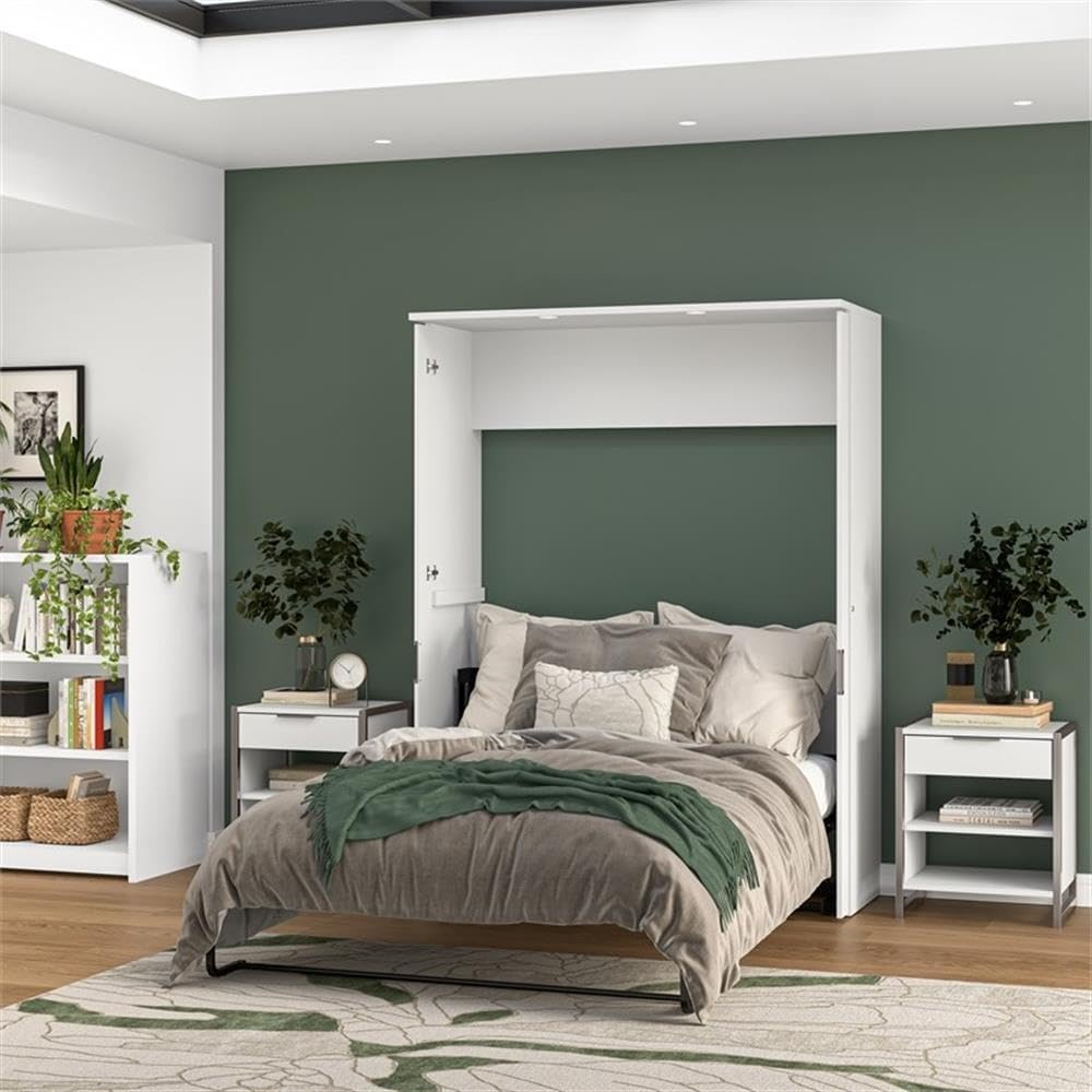 Pemberly Row 61' Engineered Wood Full Murphy Bed with Desk, White Finish, Space-Saving Bedroom Furniture Set, Dual Piston Mechanism, Flip-Up Work Surface, Wall-Mount Installation, Durable Steel Frame