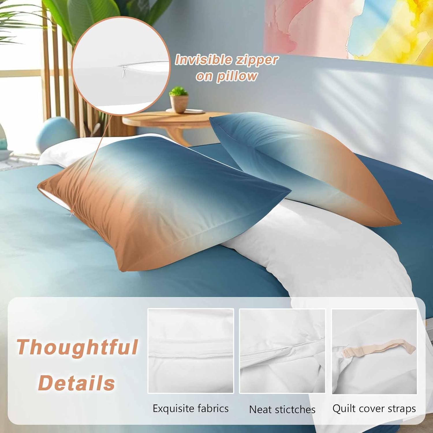 Prime Leader Gradient Blue Duvet Cover Set Queen Size 4 Pieces Modern Minimalist Orange Blue Ocean Beach Bedding Set with Zipper Closure, 1 Comforter Cover 86x86 Inches 1 Flat Sheet & 2 Pillow Cases