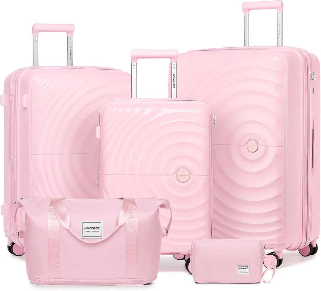 LARVENDER Luggage Sets 5 Piece Suitcases with Wheels Durable Hardshell Expandable Carry On with Lightweight Checked Duffel Bag Sets for Family Travel (28/24/20inch, Light Pink)