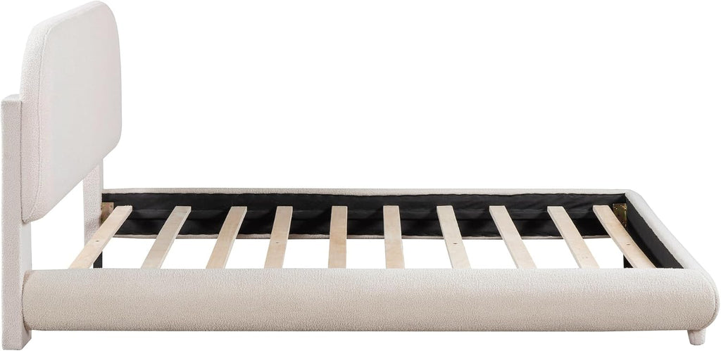 Curve-Shaped Upholstered Platform Bed with Curved Shaped Headboard, Full Size Wood Bed Frame for Kids Adults Bedroom Furniture, Teddy Fleece Thick Fabric Upholstered Bed Grounded Bed (Beige)