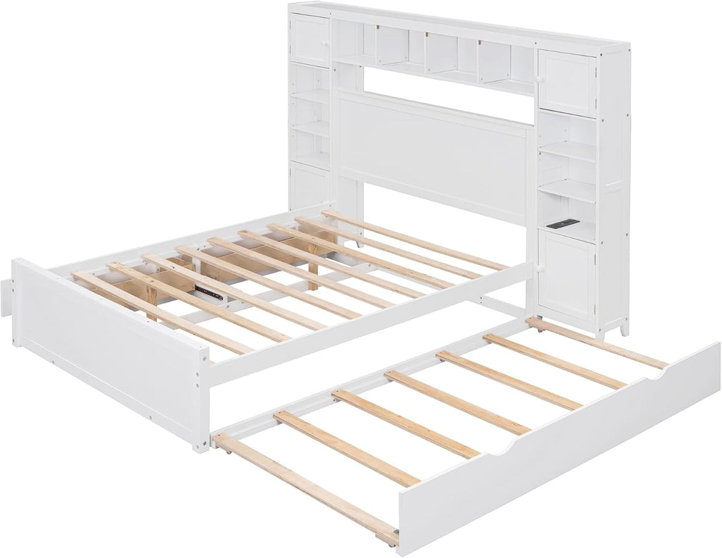 Merax Full Size Wooden Bed with All-in-One Cabinet, White Platform Bed Frame with 2 Drawers, Trundle and Sockets