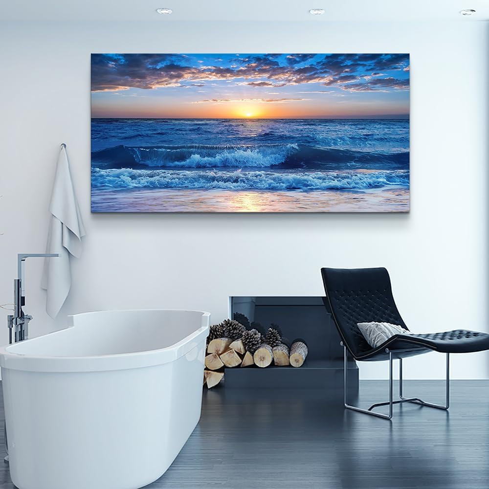 Wapluam Large Canvas Wall Art For Office Farmhouse Living Room Ocean Beach Wall Paintings Blue Sea View Wave Wall Pictures Framed Prints Artwork Modern Bedroom Home Decor 30'X 60'