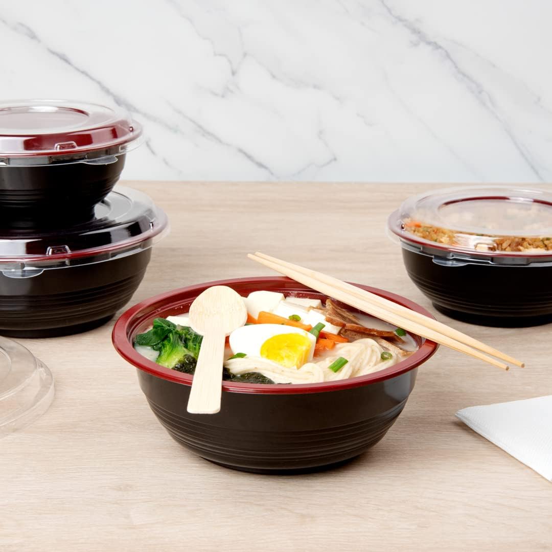 34 Ounce Food Containers, 200 Disposable Salad Bowls - Lids Included, Microwavable, Black And Red Plastic To Go Bowls, Asian Inspired, Perfect For Picnics, Or Take Outs - Restaurantware