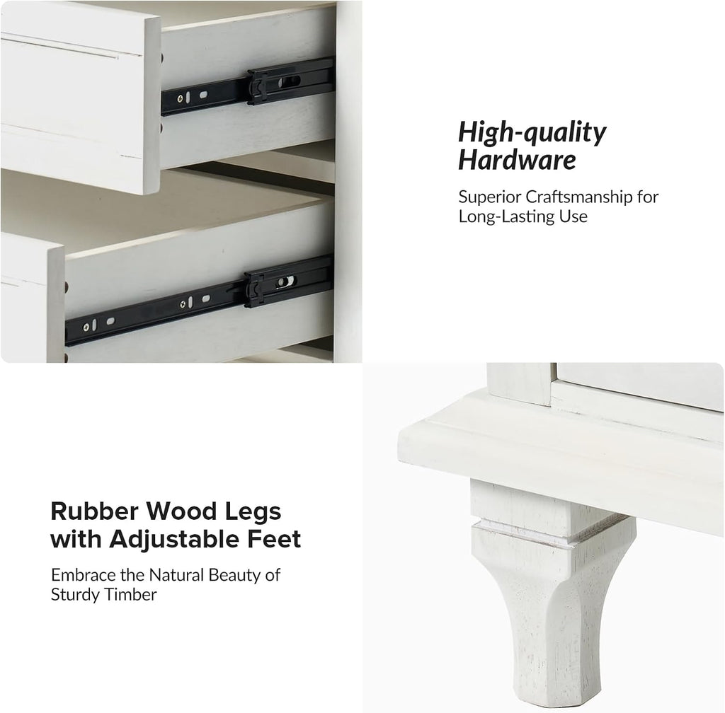 HULALA HOME Farmhouse 3 Drawer End Table with Tray, Drawer Organizer with Solid Wood Legs, End Table with Charging Station（White, Set of 2）