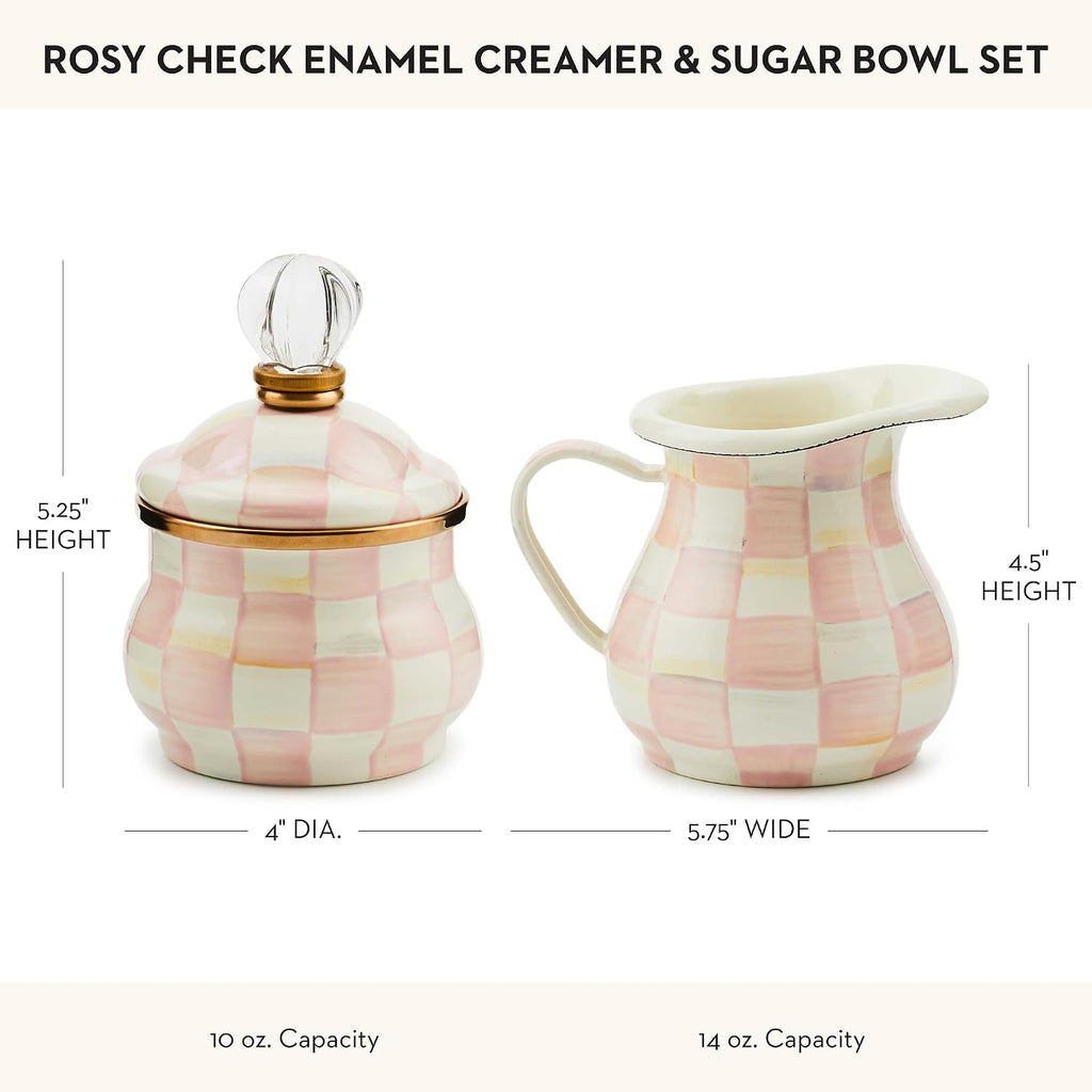 MACKENZIE-CHILDS Enamel Creamer and Sugar-Bowl Set, Cream Dispenser and Sugar Holder, Unique Kitchen Decor, Pink-and-White Rosy Check