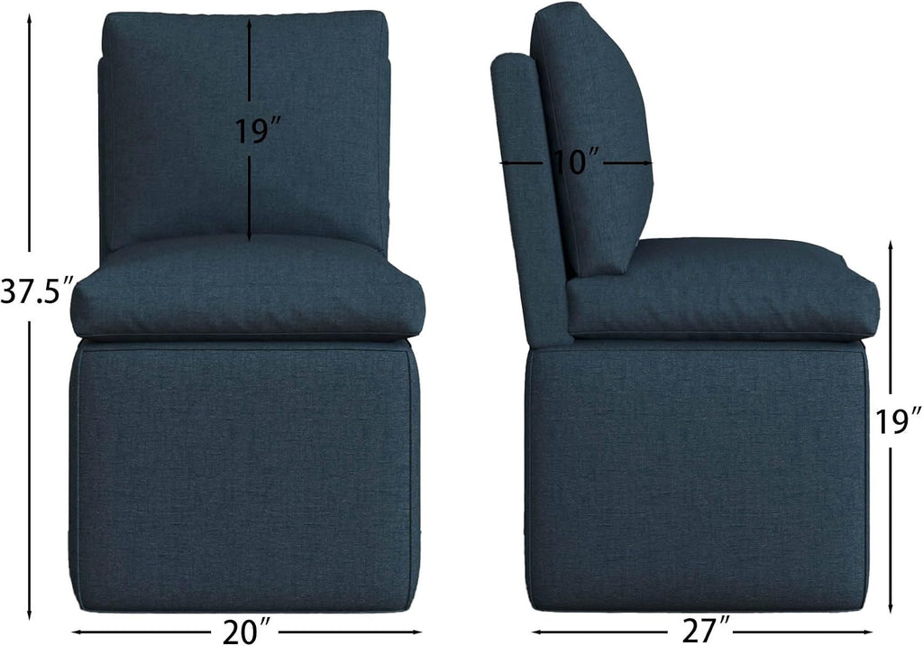 BLANKSPACE Linen Fabric Chairs with Storage for Dining Room, Modern Upholstered Chairs with Casters, Armless Single Sofa Chair 2PCS for Kitchen, Living Room, Bedroom（Dark Blue）