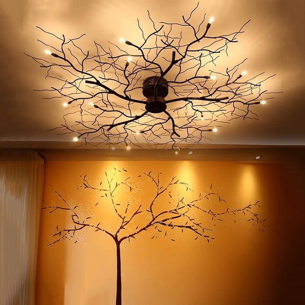 37' Large Semi Flush Mount Ceiling Light Fixture,Black Modern Chandelier with Branch Shapes,10-Lights Industrial Close to Ceiling Light Fixtures for Living Room Bedroom Kitchen Dining Room