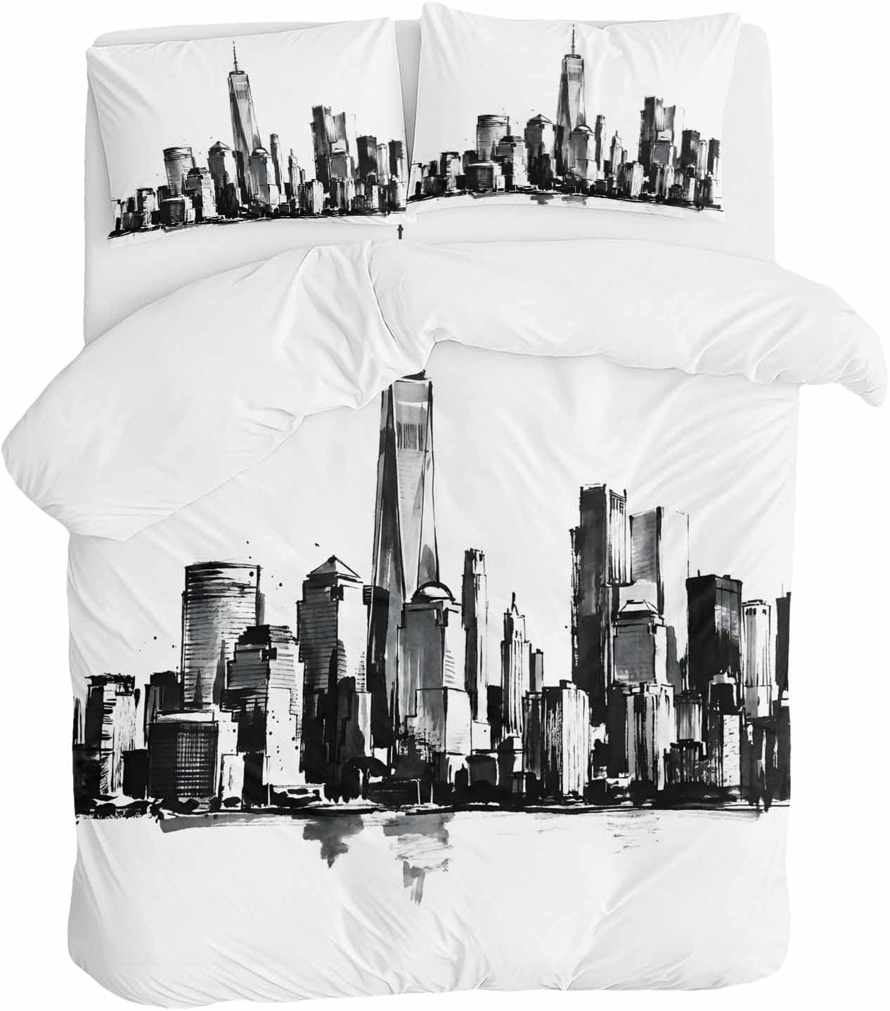 City Silhouette Duvet Cover Set Queen Size 4 Pieces Modern Minimalist Black and White Skyscraper Bedding Set with Zipper Closure, 1 Comforter Cover 86x86 Inches 1 Flat Sheet & 2 Pillow Cases