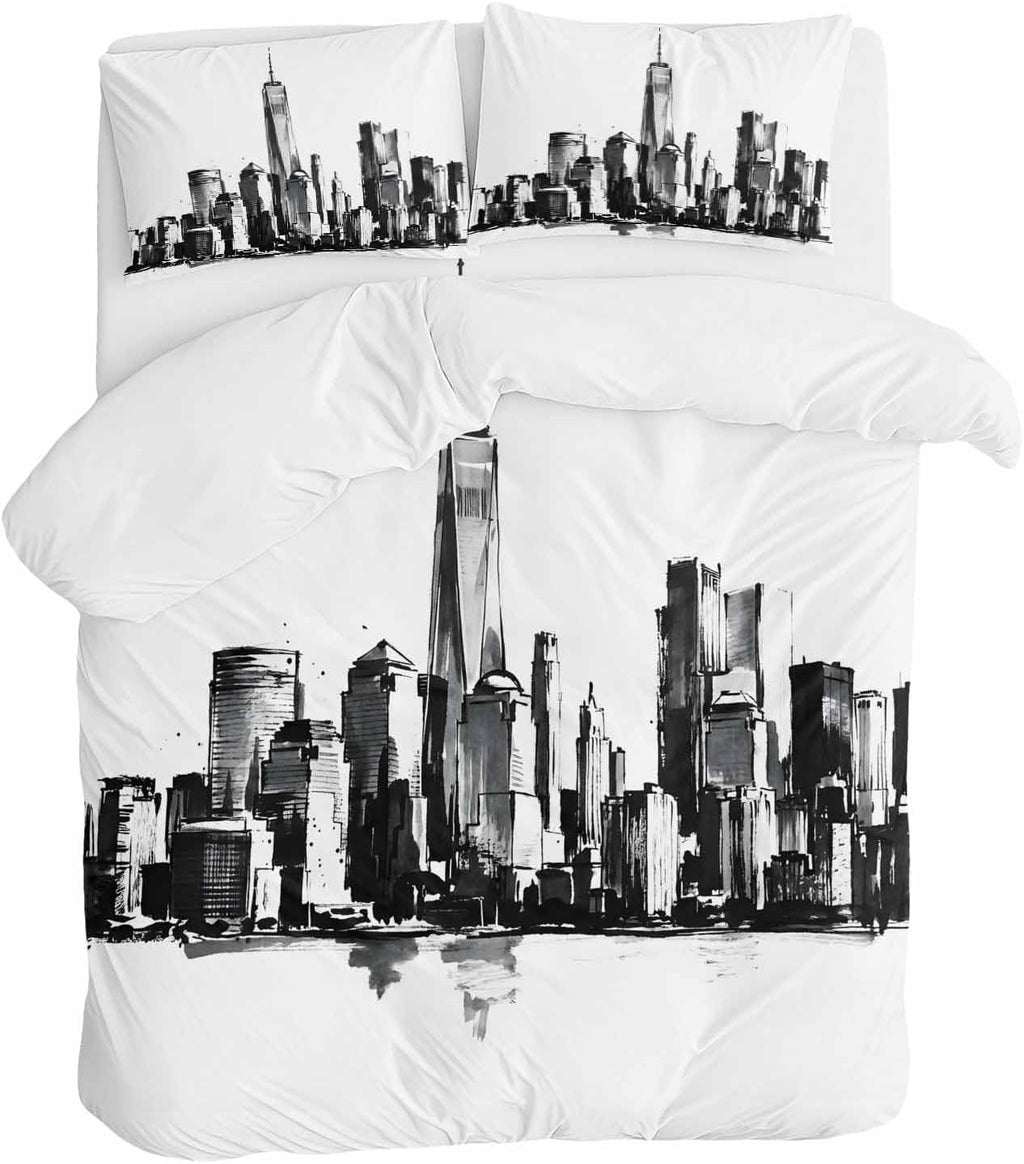 City Silhouette Duvet Cover Set Queen Size 4 Pieces Modern Minimalist Black and White Skyscraper Bedding Set with Zipper Closure, 1 Comforter Cover 90x92 Inches 1 Flat Sheet & 2 Pillow Cases