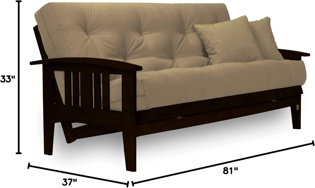 Westfield Complete Futon Set - Espresso Finish (Warm Black) - Full or Queen Size, Mission Style Wood Futon Frame with Mattress Included (Pet Friendly Microfiber Khaki), More Mattress Colors Available