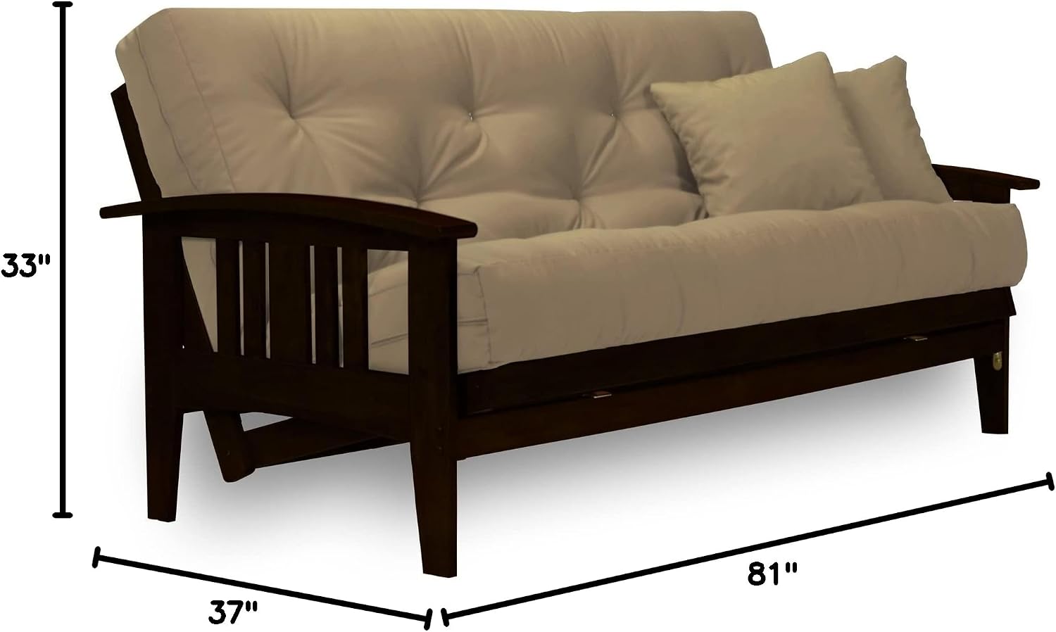 Westfield Complete Futon Set - Espresso Finish (Warm Black) - Full or Queen Size, Mission Style Wood Futon Frame with Mattress Included (Pet Friendly Microfiber Khaki), More Mattress Colors Available