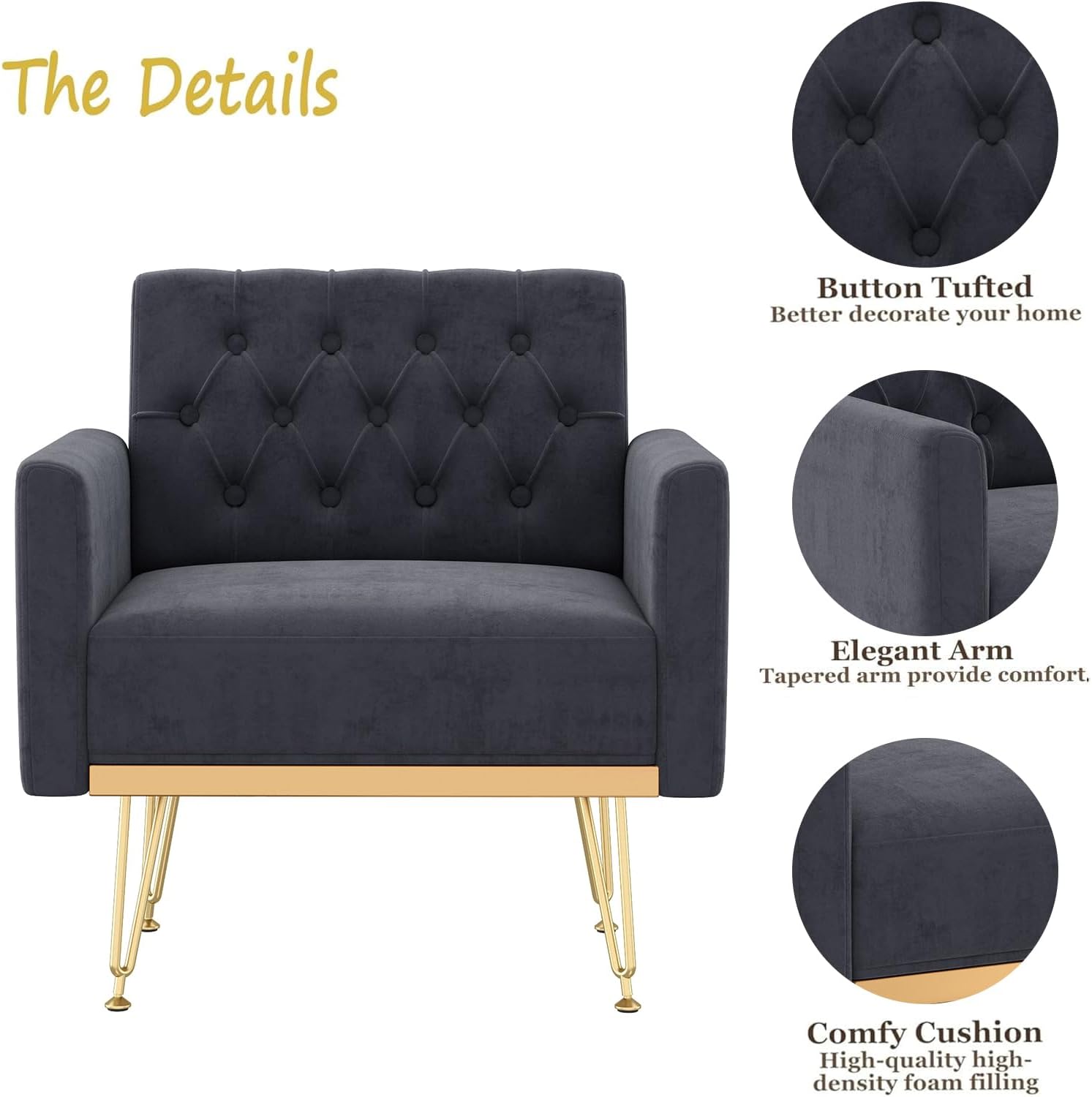 Olela Accent Chair with Arm for Living Room, Velvet Modern Armchair Single Sofa Cozy Tufted Upholstered Reading Side Chairs with Gold Metal Leg for Bedroom Decorate