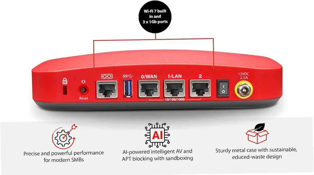 Trade Up to WatchGuard Firebox T115-W with 1 Year Total Security Suite - Wi-Fi 7 Tabletop Firewall, 3X 1Gb Ports, Silent Fanless Security for Small Offices (WGT116671)