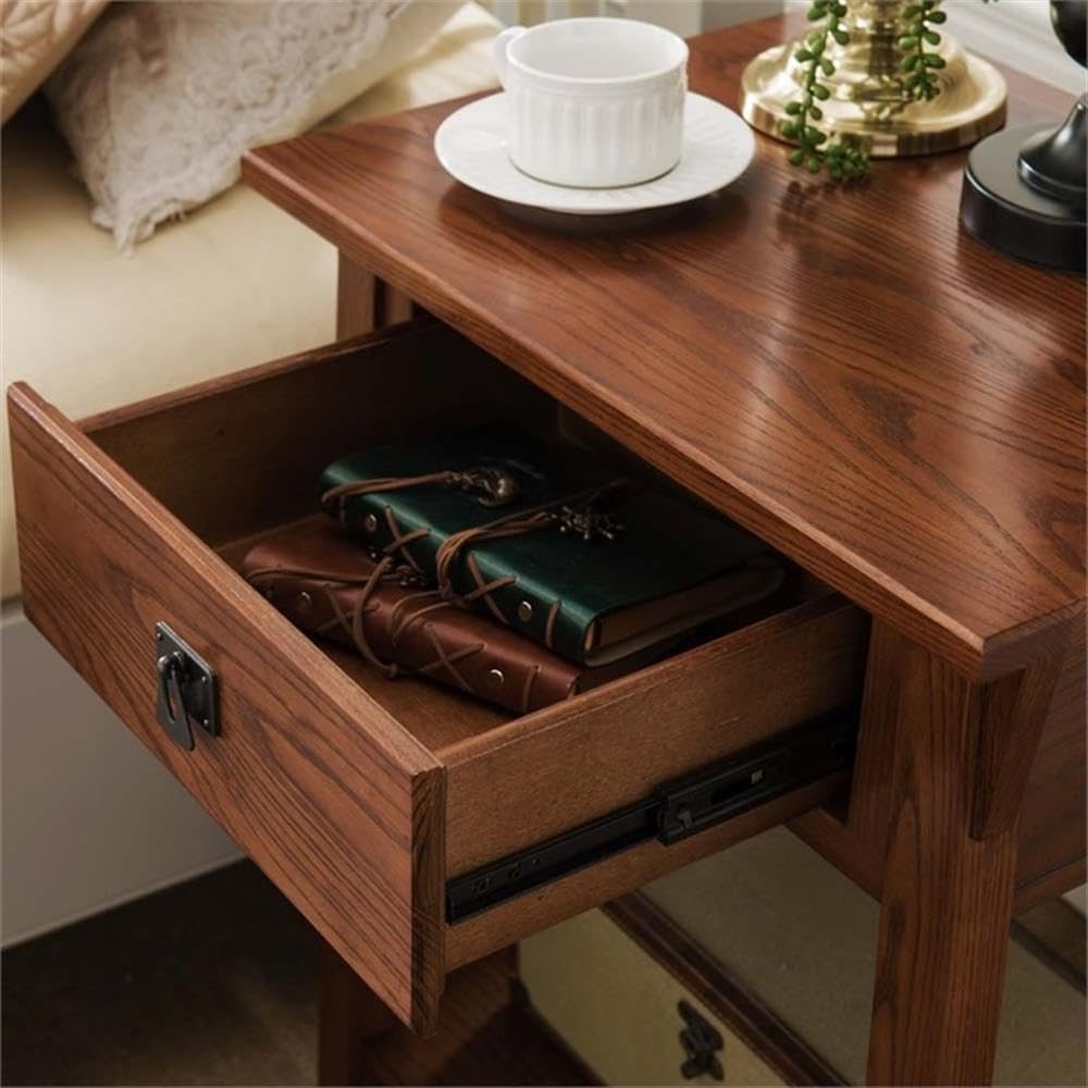 BOWERY HILL 1 Drawer Nightstand, 28' H x 22' W x 16' D, Solid Ash Wood, Russet Finish, Lower Display Shelf, Full Extension Drawer Guides, Compact Mission Style Bedroom Furniture