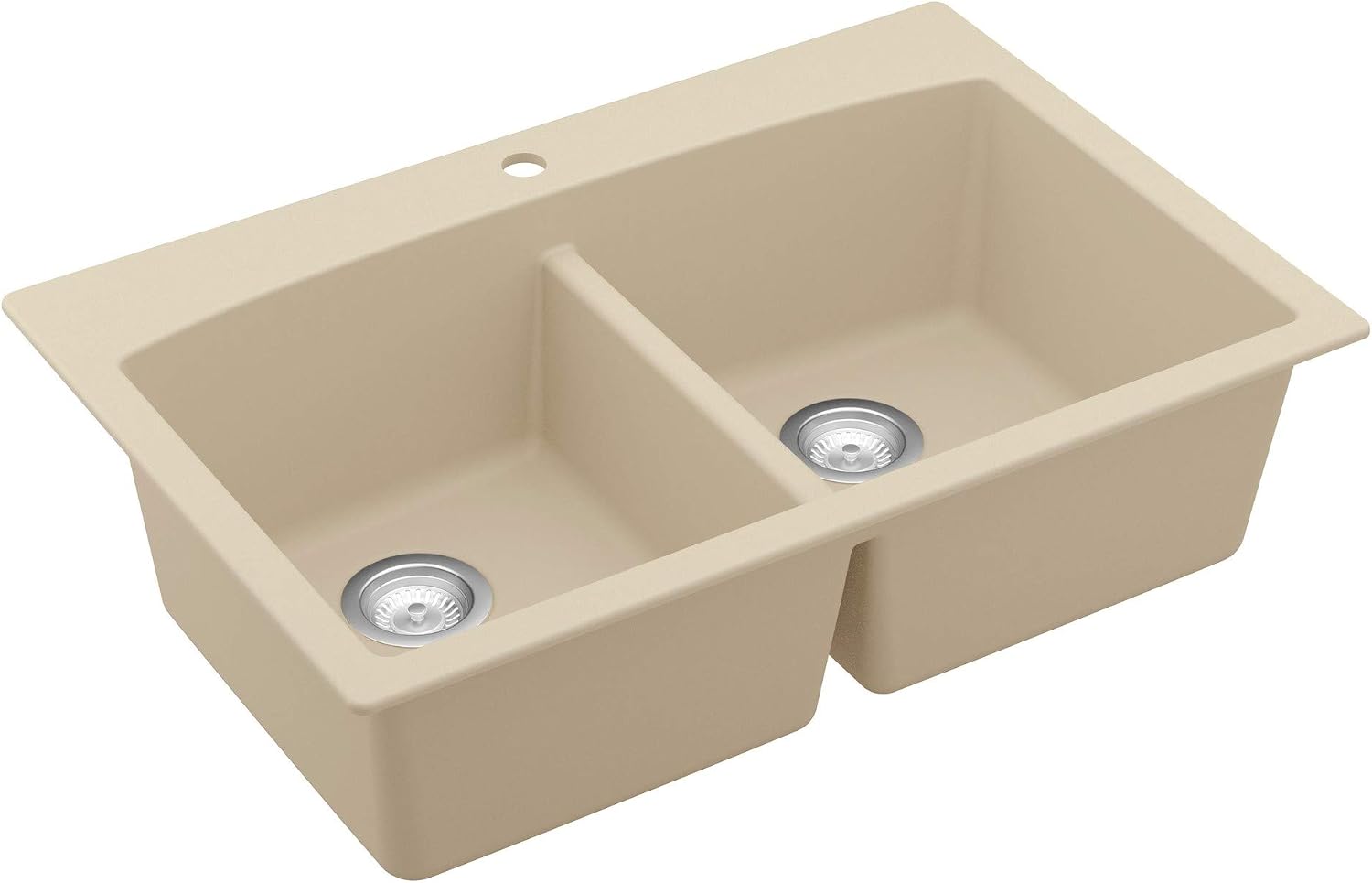 Karran QT-710 33 Inch Top Mount Double Bowl Kitchen Sink, 50/50 Low Divide Quartz Composite Drop-In Sink, Rear Drain, Heat and Scratch Resistant, Bisque