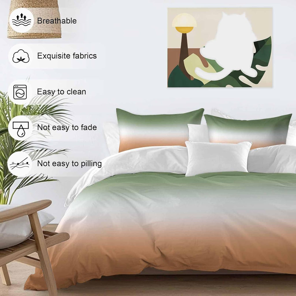 Bohemian Gradient Sage Green Duvet Cover Set Queen Size 4 Pieces Modern Minimalist Green Orange Ocean Beach Bedding Set with Zipper Closure,1 Comforter Cover 86x86 Inches 1 Flat Sheet & 2 Pillow Cases