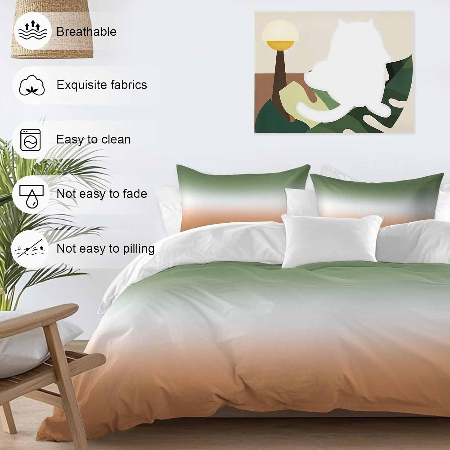 Bohemian Gradient Sage Green Duvet Cover Set Queen Size 4 Pieces Modern Minimalist Green Orange Ocean Beach Bedding Set with Zipper Closure,1 Comforter Cover 86x86 Inches 1 Flat Sheet & 2 Pillow Cases