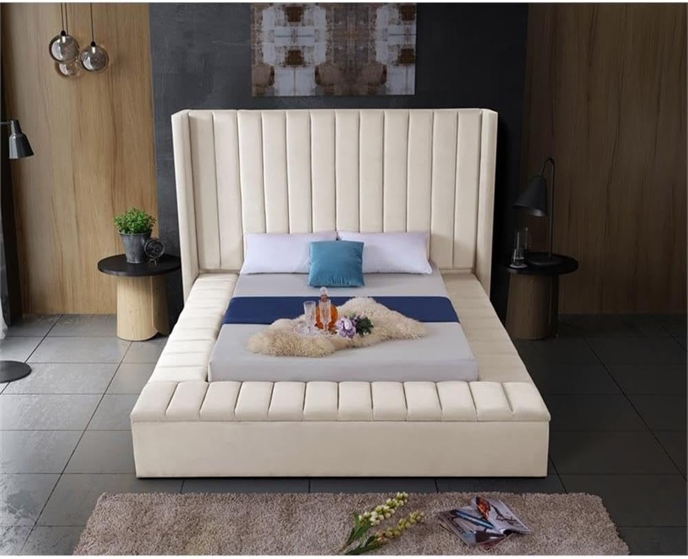 Meridian Furniture Kiki Collection Modern | Contemporary Velvet Upholsterd Bed with Channel Tufting, Siderails and Footboard Storage Compartments, King, Cream