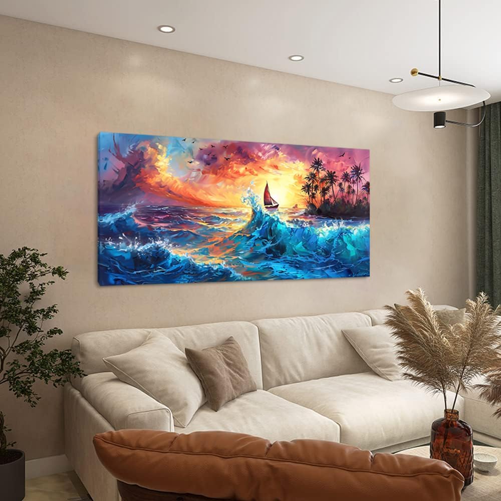Piy Painting Sailboat Coconut Grove and Blue Waves Under the Sunset Oil Painting Style Wall Art Decor Artwork for Bedroom (30x60 Inches)