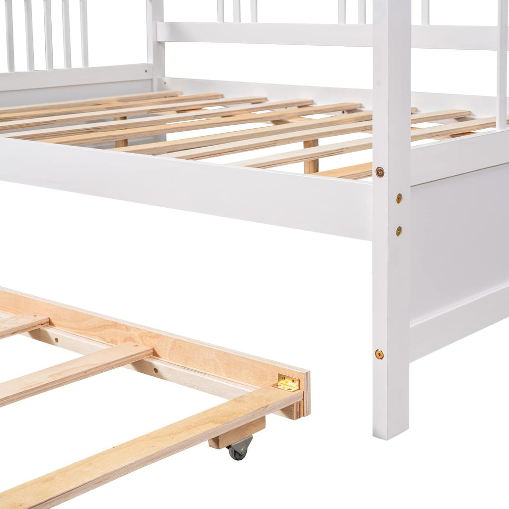 Full Size Daybed Wood with Double Ded Hideaway Trundle,Multi-Functional Design Bed Frame,W/Rails in Three Sides,Slat Support,No Box Spring Needed,forApartment,Bedroom,White
