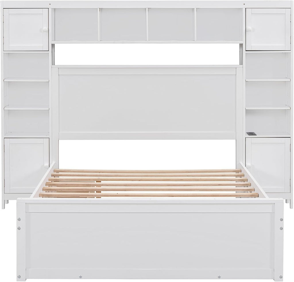 Merax Full Size Wooden Bed with All-in-One Cabinet, White Platform Bed Frame with 2 Drawers, Trundle and Sockets