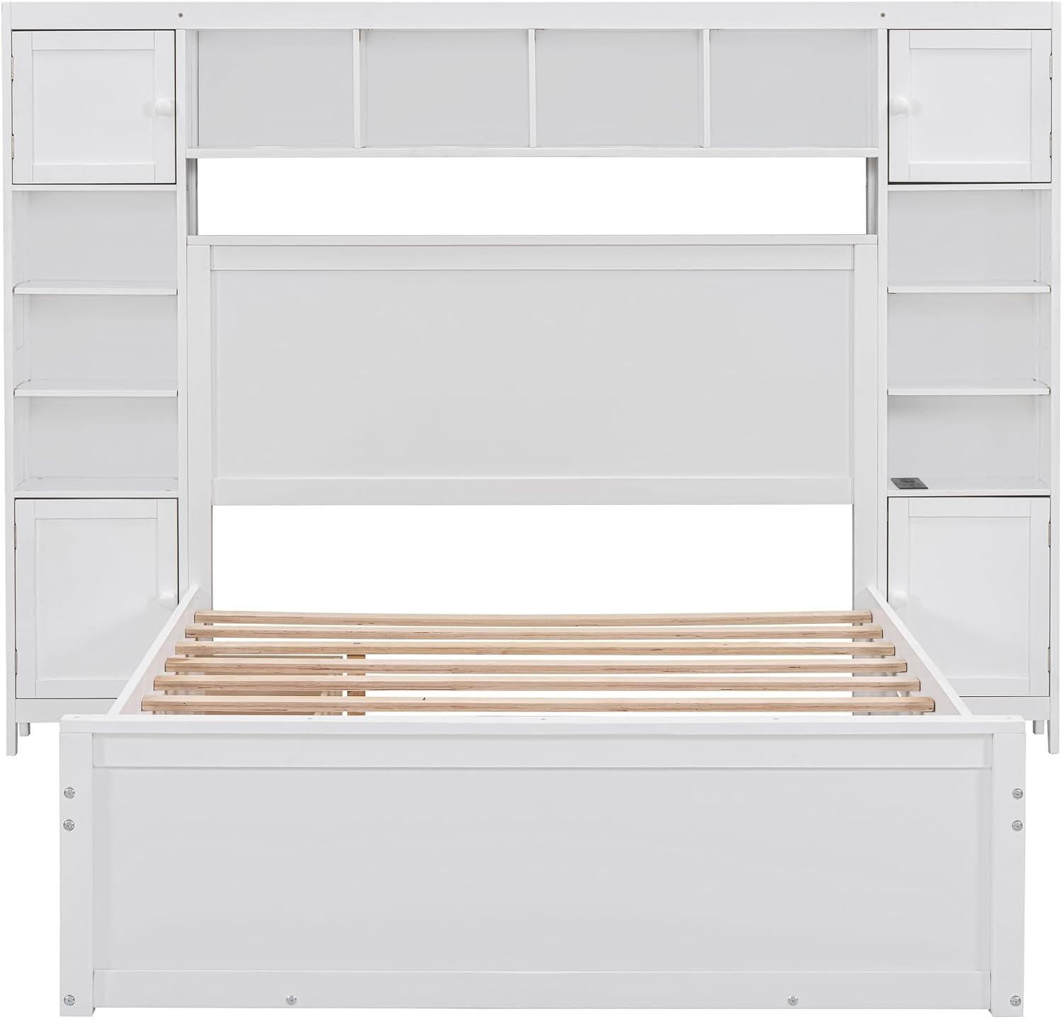 Merax Full Size Wooden Bed with All-in-One Cabinet, White Platform Bed Frame with 2 Drawers, Trundle and Sockets