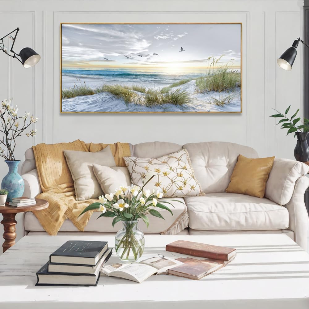 Canvas Prints Wall Art Beach Sunrise Ocean Waves Beach Grass Nature Pictures Stretched Canvas Wooden Framed for living Room Bedroom and Office Home Decor 30'x60' with Framed