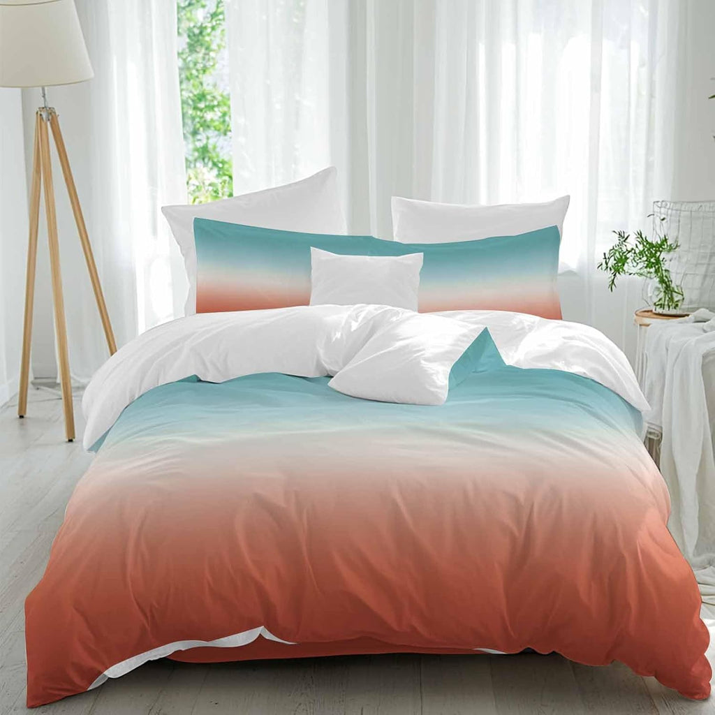 Gradient Orange Duvet Cover Set Queen Size 4 Pieces Modern Minimalist Green Orange Red Ocean Beach Bedding Set with Zipper Closure, 1 Comforter Cover 90x92 Inches 1 Flat Sheet & 2 Pillow Cases