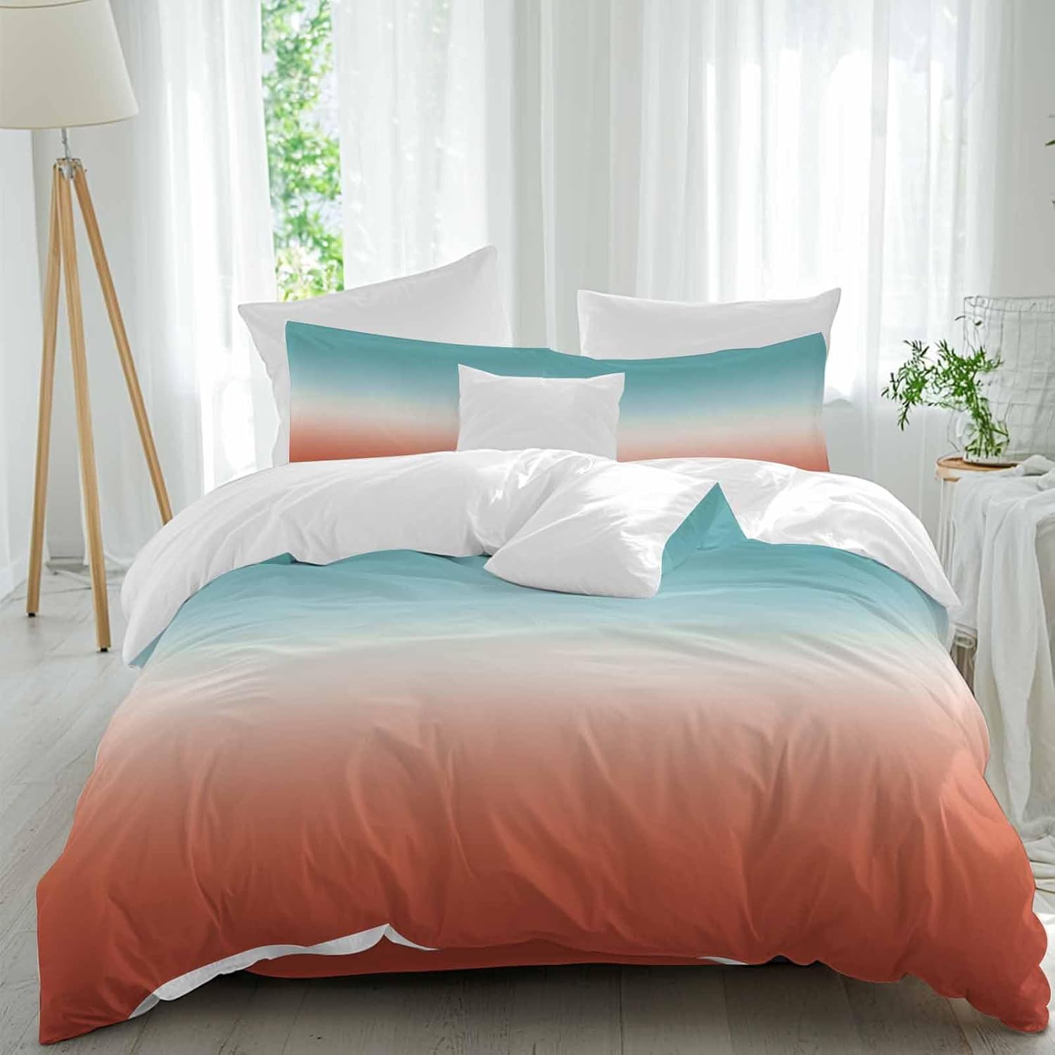 Gradient Orange Duvet Cover Set Queen Size 4 Pieces Modern Minimalist Green Orange Red Ocean Beach Bedding Set with Zipper Closure, 1 Comforter Cover 92x106 Inches 1 Flat Sheet & 2 Pillow Cases