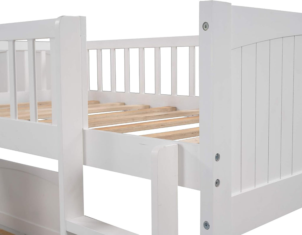 Twin Size Bunk Bed with a Loft Bed Attached and 2 Drawers,Bedroom Wood Bed Frame W/Space,Ladder,Rails,No Box Spring Required,for Girl Boy Kid,White