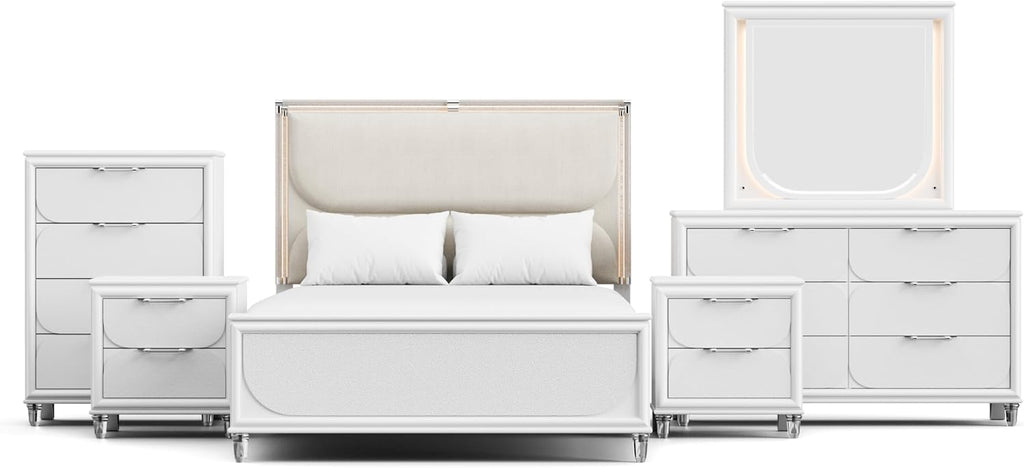 Furniture of America Leila Modern Wood 6-Piece Kids Bedroom Set with LED on Headboard and Mirror, Embossed Panels, Hidden Jewelry Tray, Felt-Lined, No Box Spring Needed, Full, Pearl White