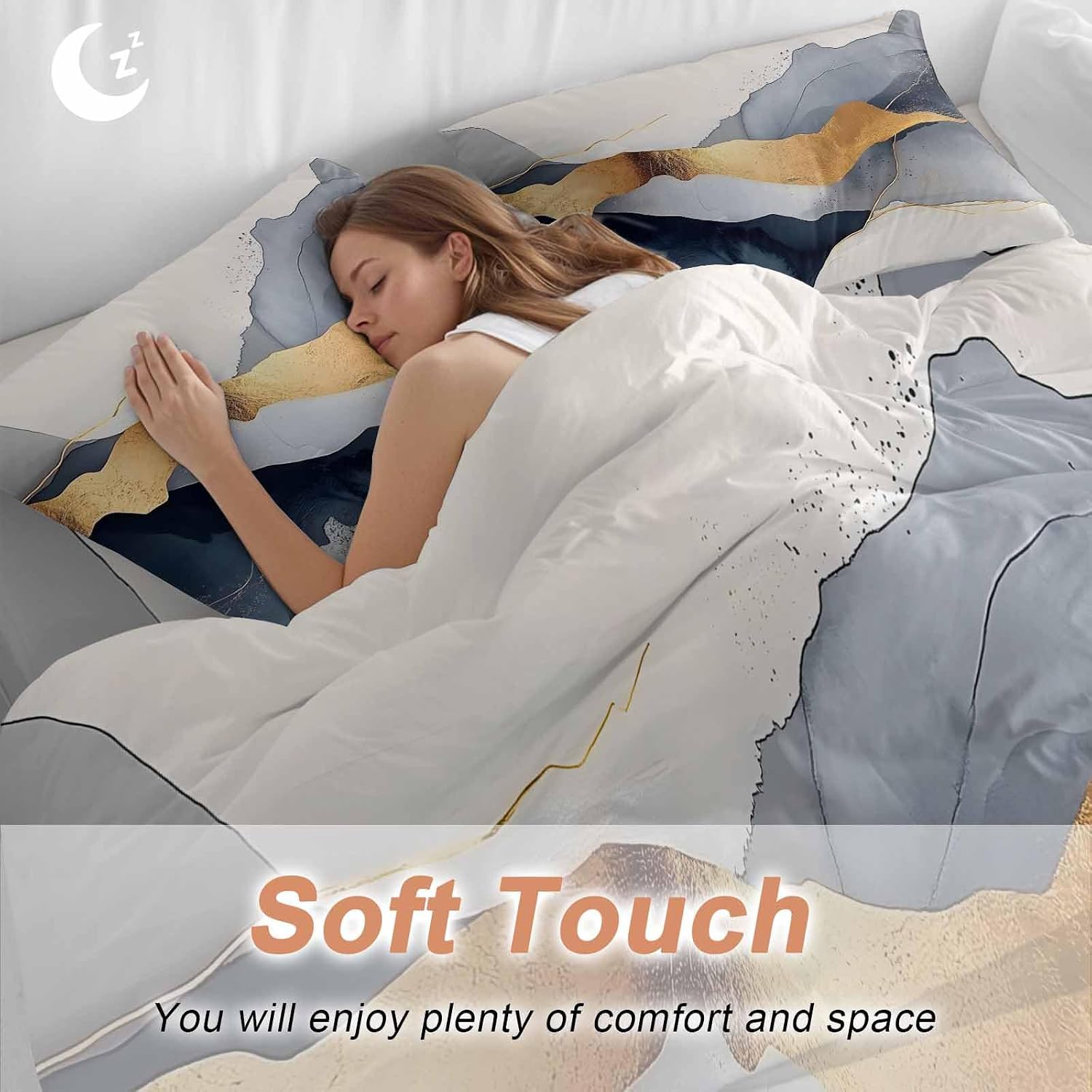 Prime Leader Abstract Duvet Cover Set Queen Size 4 Pieces Modern Gold Blue Grey Geometric Minimalist Bedding Set with Zipper Closure, 1 Comforter Cover 86x86 Inches 1 Flat Sheet & 2 Pillow Cases