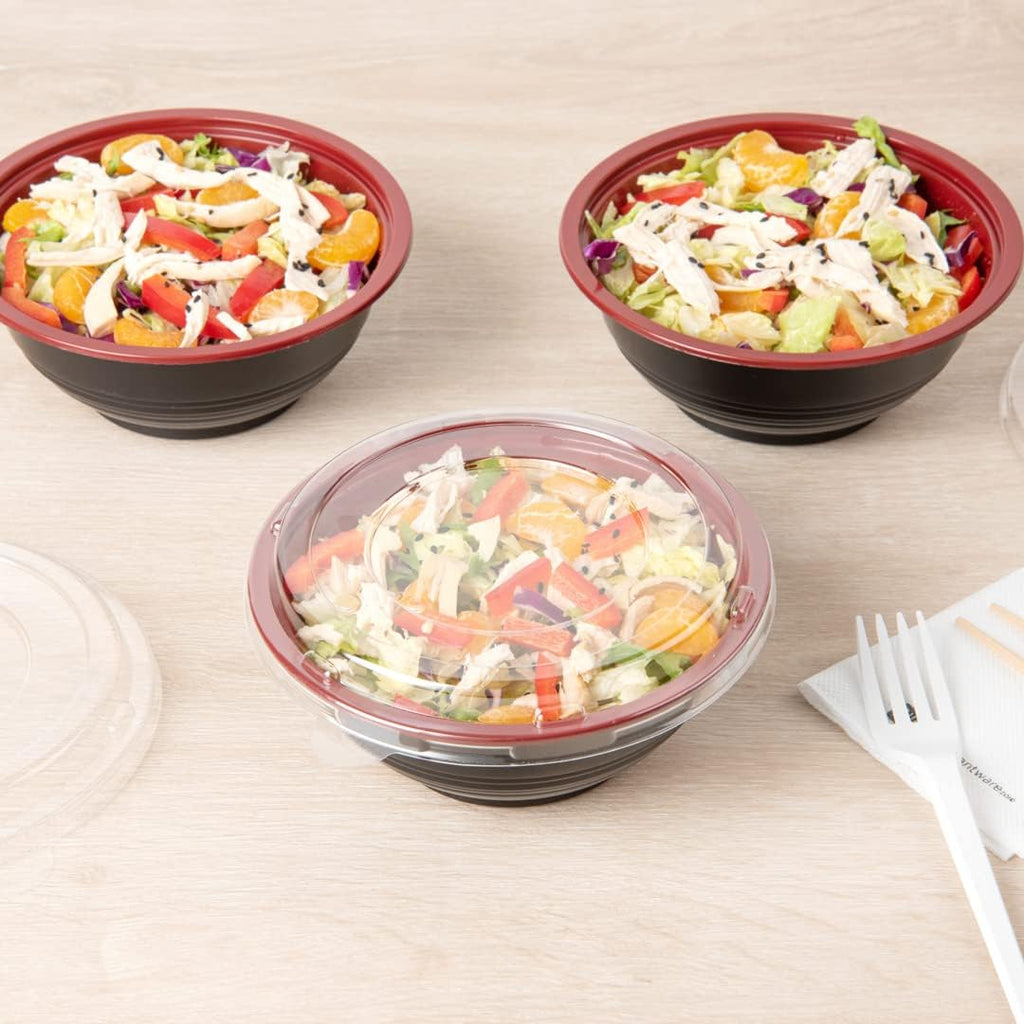 Restaurantware 18 Ounce Food Containers 200 Disposable Salad Bowls - Lids Included Microwavable Black And Red Plastic To Go Bowls Asian Inspired Perfect For Picnics Or Take Outs