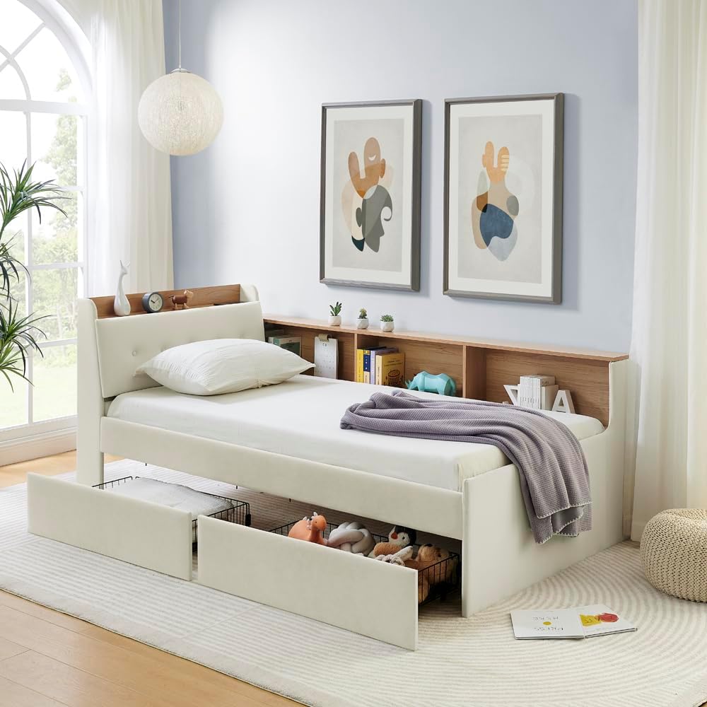 Corner Bed with Desk and Bookcase, LED Lights & USB Ports, Modern Twin Daybed with Storage Underneath Drawers, Soft Velvet Upholstered Day Bed Kids Bedroom Furniture Set Small Places (Beige, Twin)