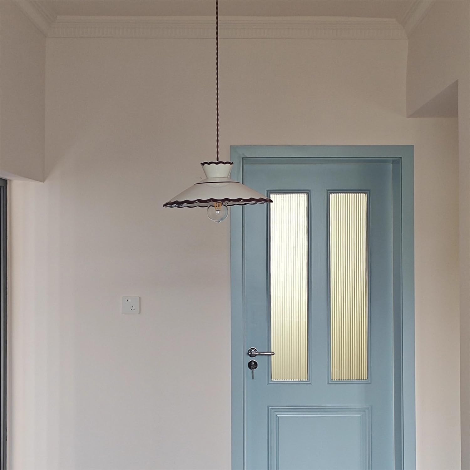 Vintage Scalloped Pendant Light, Cottagecore Farmhouse Style Hanging Lamp, Cream White Ceramic Shade, Adjustable Cord Ceiling Fixture for Kitchen Island, Dining Room, Bedroom, Cafe