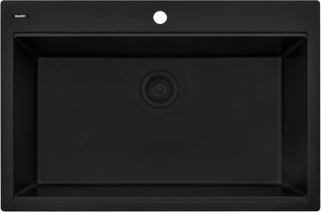 Ruvati 33 x 22 inch epiGranite Drop-in Topmount Granite Composite Quartz Single Bowl Kitchen Sink - Midnight Black - RVG1080BK