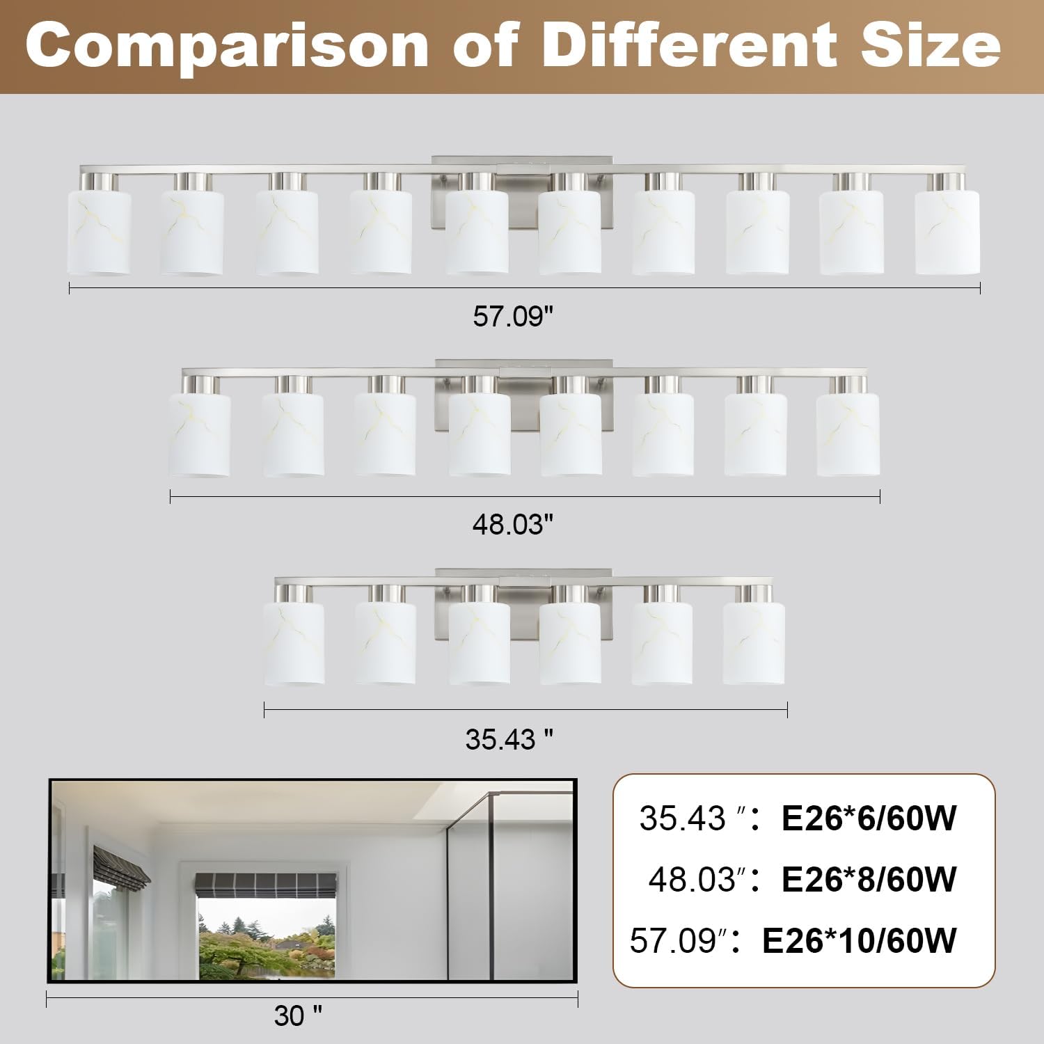 8-Light Bathroom Light Fixtures, Modern Vanity Lights, Brushed Nickel Metal Wall Lamp with White Marble Glass for Bathroom, Mirror, Living Room, Bedroom, Cabinet, Porch, Hallway, E26 Base