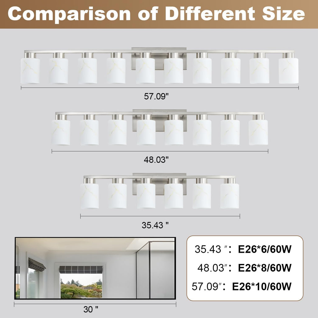 6-Light Bathroom Light Fixtures, Modern Vanity Lights, Brushed Nickel Metal Wall Lamp with White Marble Glass for Bathroom, Mirror, Living Room, Bedroom, Cabinet, Porch, Hallway, E26 Base