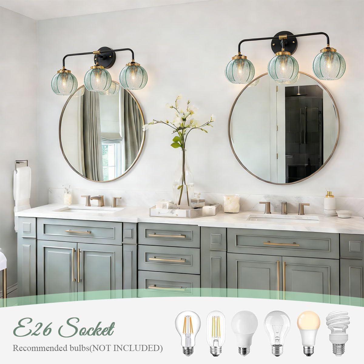 3-Light Bathroom Vanity Light Black Wall Mount Light with Green Glass Shade, Mid Century Wall Sconce Lights Modern Vanity Lamp for Over Mirror Bedroom Hallway
