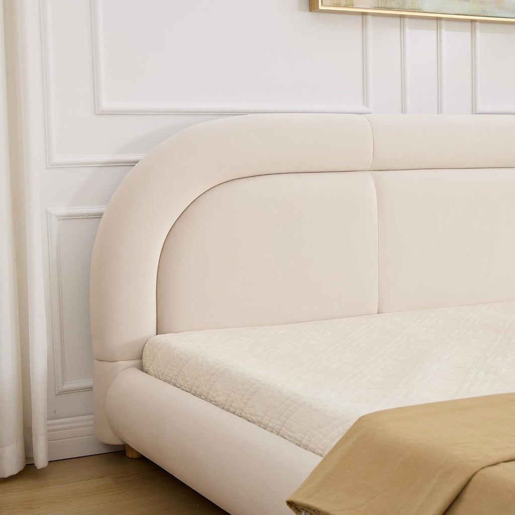 Curve-Shaped Upholstered Platform Bed with Curved Shaped Rounded Headboard, King Size Wood Bed Frame for Kids Adults Bedroom Furniture, Velvet Thick Fabric Upholstered Bed Grounded Bed (Beige-7, King)