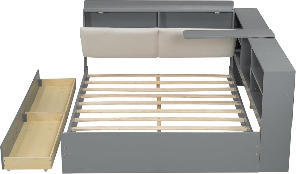 Wood Corner Bed Frame with Storage Upholstered Headboard,Bookcase and Drawers,Full Size Floor Platform Bed with Rotatable Storage Board & Slat Support,Grounded L Shape Sofa Bed for Dorm or Guests,Gray
