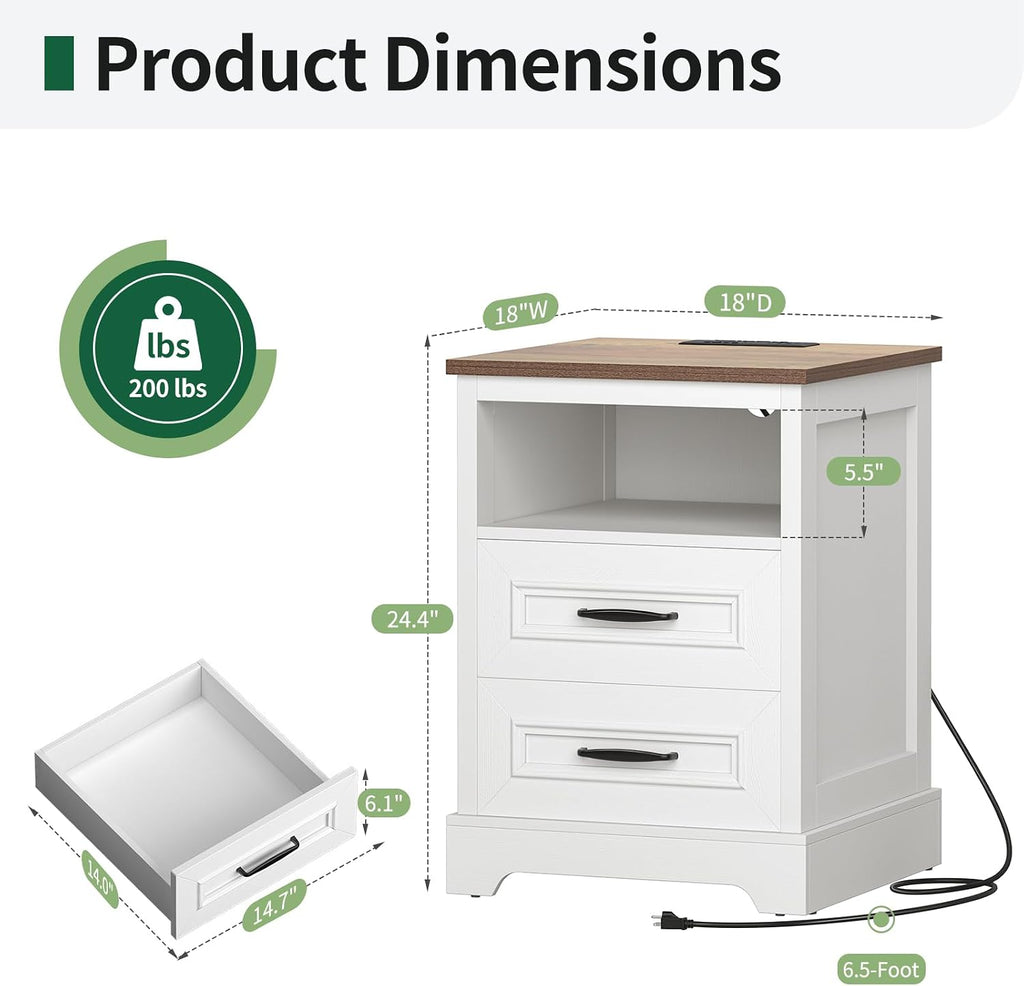 Farmhouse Nightstand with Charging Station- Wood Night Stand Set 2, 2 Drawer Nightstands Set of 2, Bedside Table with Storage, Rustic Night Stands for Bedroom, Closet, 18' Wide, 24' Tall