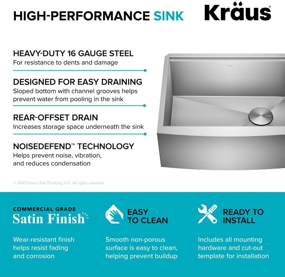 KRAUS Kore 24-Inch Farmhouse Workstation 16 Gauge Single Bowl Stainless Steel Kitchen Sink with Accessories, KWF210-24