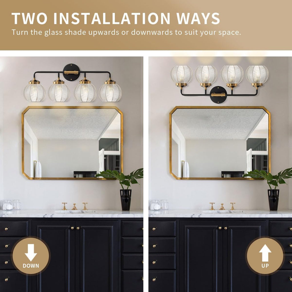 Bathroom Light fixtures 4-Lights Vanity Lights Over Mirror Mid Century Modern Wall Sconce Light with Clear Glass Globe Shade Vintage Black Gold Bath Wall Lamp for Living Room Cabinet
