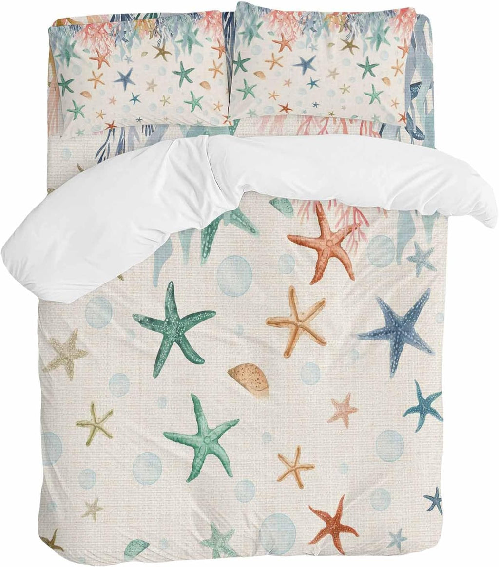 Oceans Animal Duvet Cover Set Queen Size 4 Pieces Summer Colorful Starfish Coral Seagrass Linen Texture Bedding Set with Zipper Closure, 1 Comforter Cover 92x106 Inches 1 Flat Sheet & 2 Pillow Cases