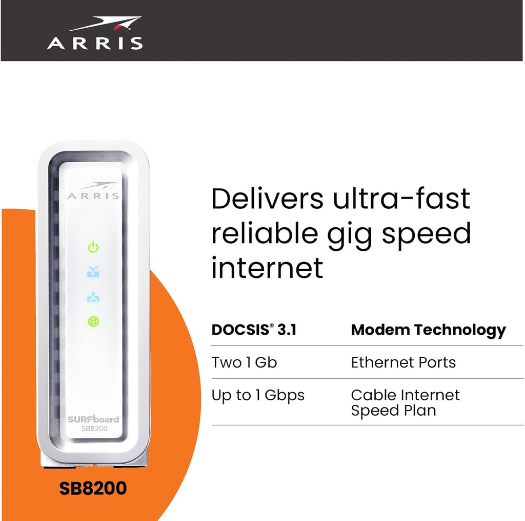 ARRIS Surfboard, SB8200 DOCSIS 3.1 Modem (1 Gbps Max Internet Speeds) & W21 AX6600 WiFi 6 Mesh Ready Router Bundle (WiFi Coverage up to 2,750 sq ft), 2 Year Warranty, Mesh with Your Cable Internet