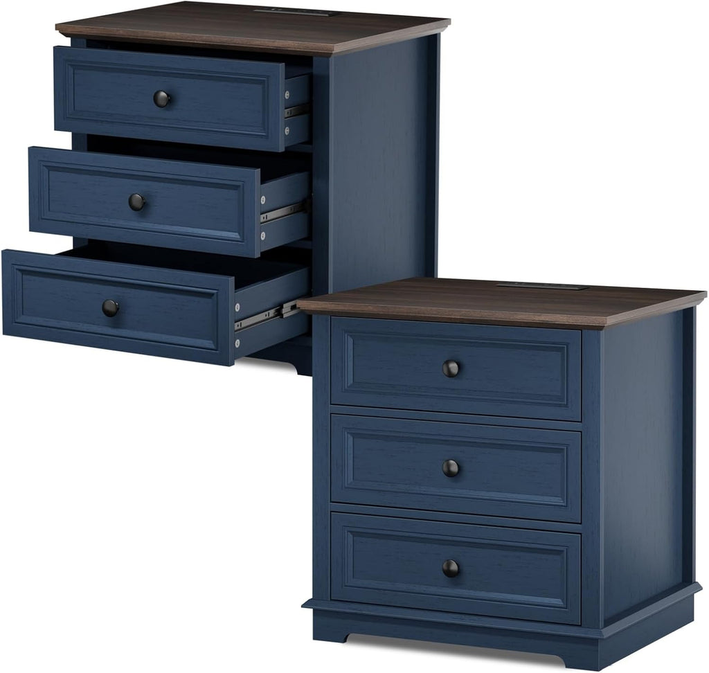 Nightstand with Charging Station Set, 24' Wide End Table with 3 Drawers Set of 2, Modern Bedside Table with Storage, Wood Small Dresser for Bedroom Room (Blue)